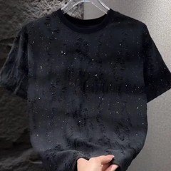 Men Luxury Fashion Trendy Ripped Sequin Diamond Rhinestone Summer T-shirt