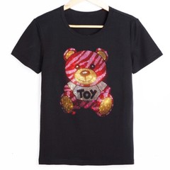 New Fashion Diamond Rhinestones Bear Short Sleeve Luxury Men Black T-Shirt