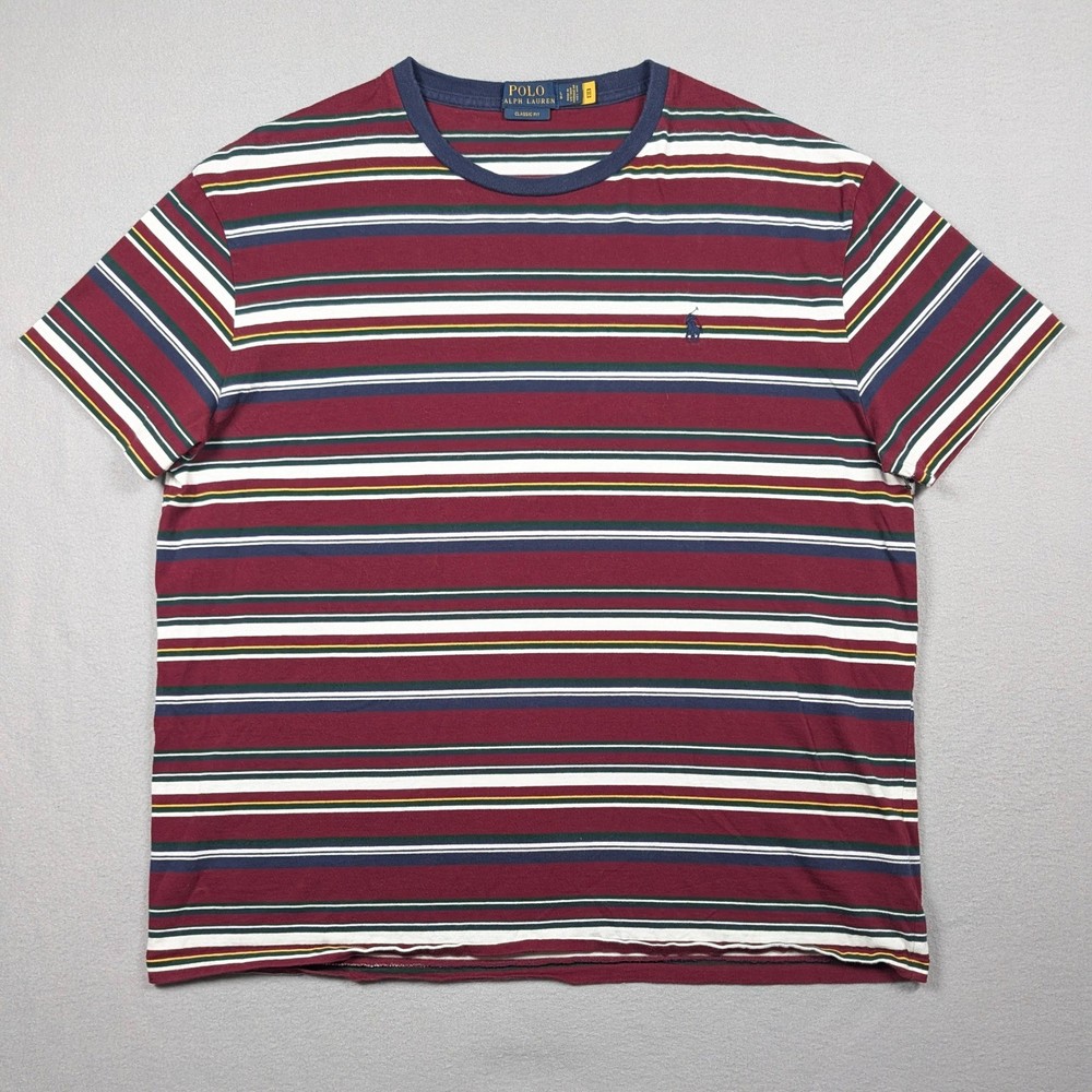Polo Ralph Lauren T-Shirt Mens Large Burgundy Multi Stripe Classic Fit Pony