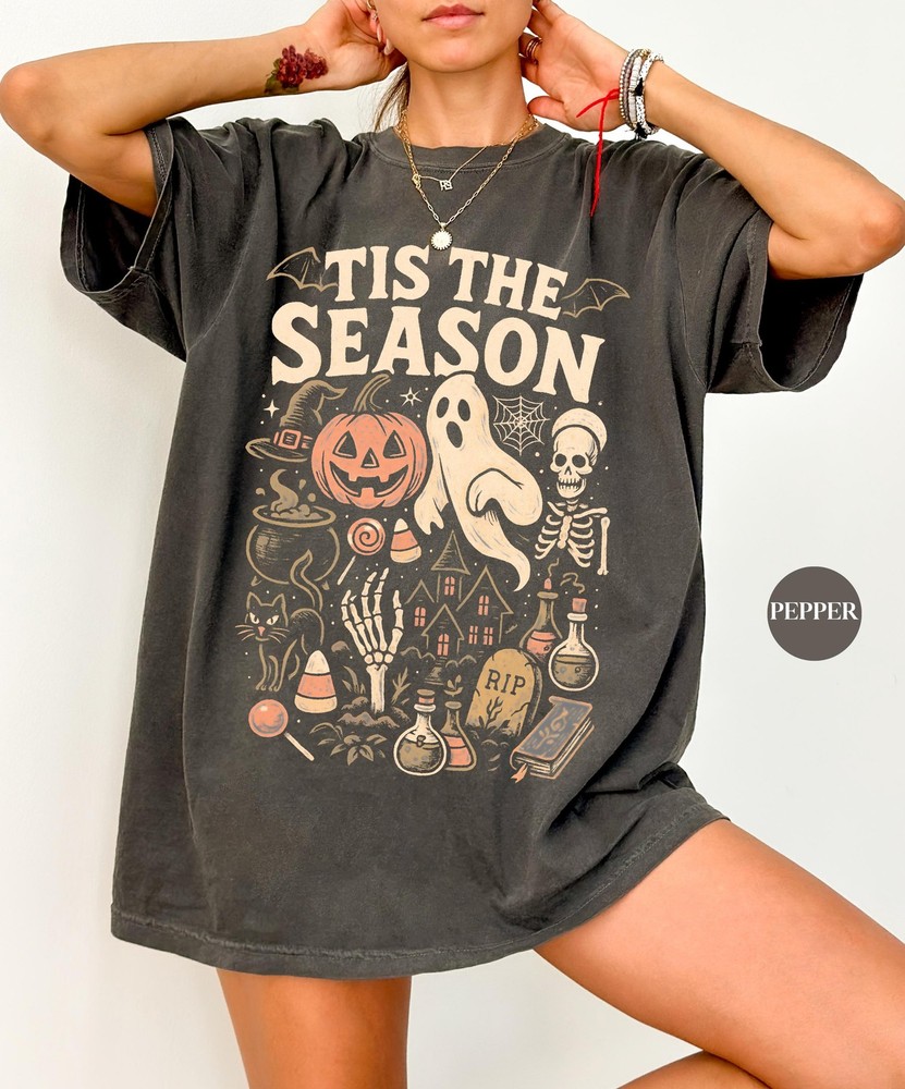 Vintage Halloween Skeleton Pumpkin Shirt Tis The Season Retro Unisex Fall Tee