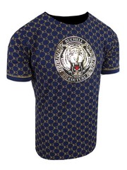 Designer T-Shirt Blue Bucheli Italian Logo Stripe Men Shiny Gold Tiger Slim Fit