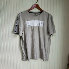 Puma Shirt Mens Large Beige Big Logo Tape Sleeve Graphic Tagless Jersey Tee