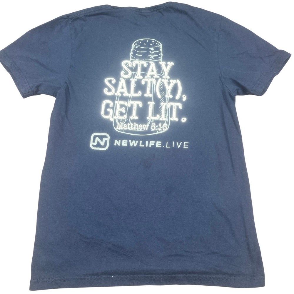 Gildan Mens Stay Salty Get Lit Christian T-Shirt Small Navy Blue Matthew 5:13