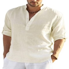 Mens Cotton Linen Long Sleeve Shirt Solid Loose Blouse Button Down Tops T Shirt
