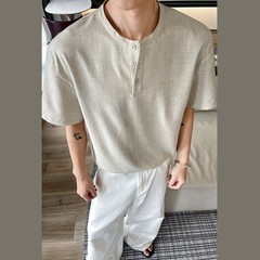 Men’s Casual Lightweight T Shirt Imitation Linen Texture Collar Design