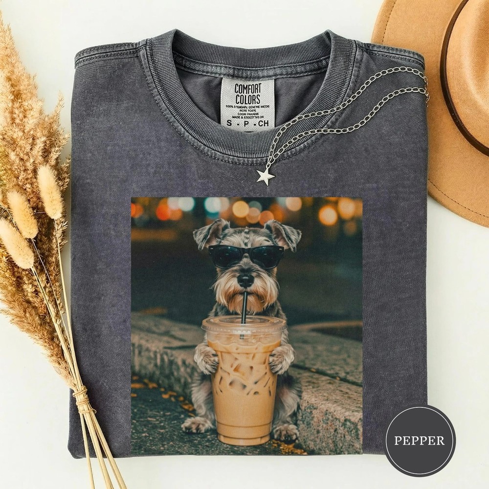 Funny Miniature Schnauzer Drinking Iced Coffee Unisex T-Shirt