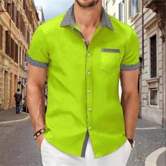 Camisa Con Botones Elegante De Manga Corta Para Hombres Sólida Cuello Levantado