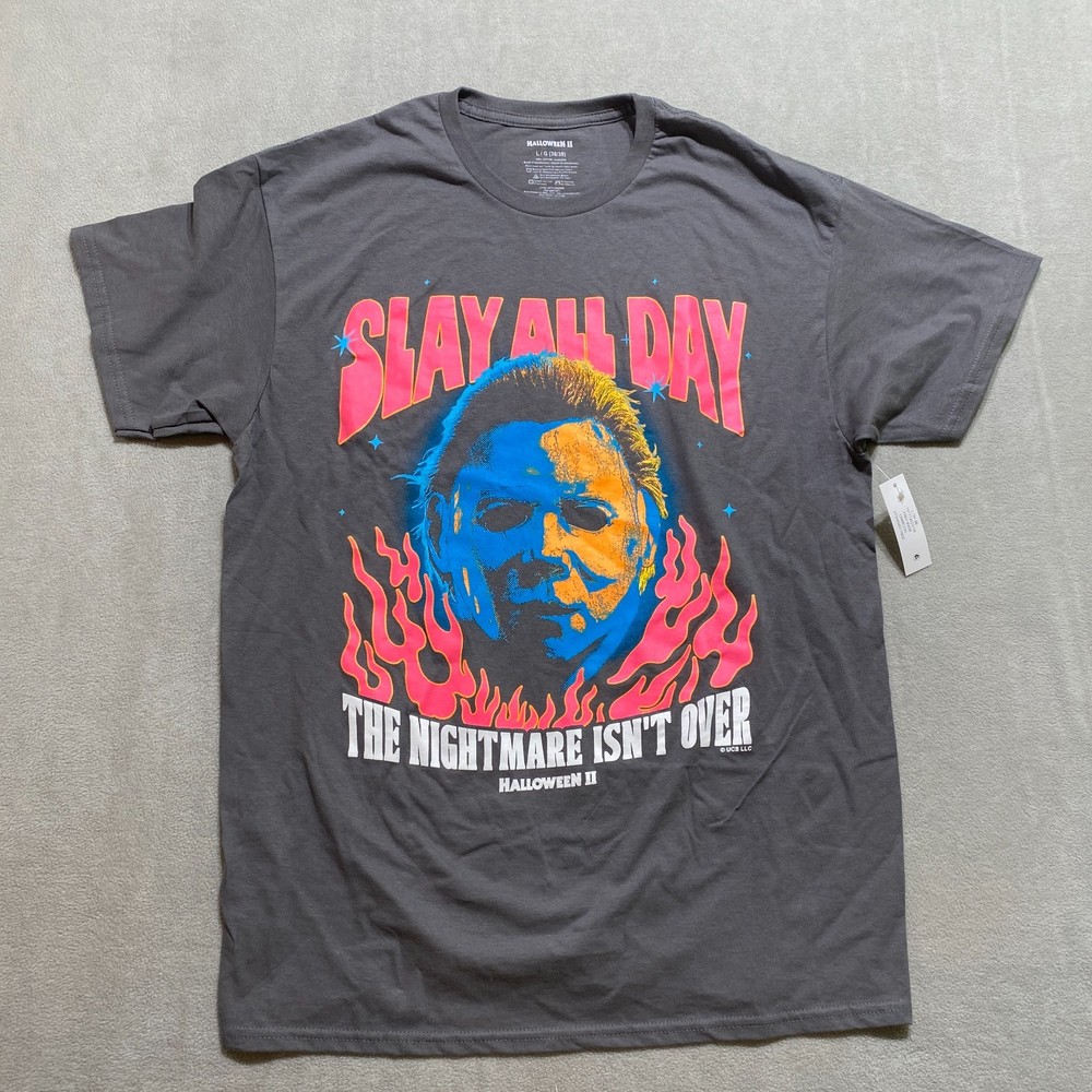 Licensed Halloween II Firey Mask Graphic T-Shirt Size L Charcoal Slay All Day