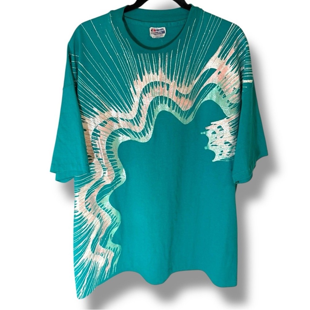 Vintage 80s Hanes Fifty-Fifty Abstract Silver Foil Graphic T Shirt Large