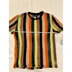 Mesh Crochet Knit Shirt Men’s Small Striped Festival Coastal Y2K Sheer Unisex