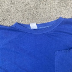 Vintage 50s 60s Blue Pocket Tee Shirt Cotton Single Stitch Blank Cropped Boxy