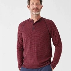 Faherty Mens Cloud Long Sleeve Henley Red Blue Cumberland Stripe Pima Cotton S