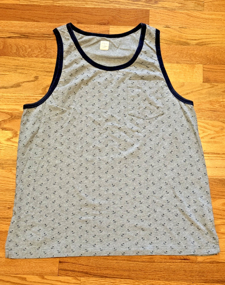J.CREW 100% Cotton Men’s Gray Tank Top w Navy Blue Anchor Print – Size Large