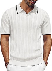 Mens V-Neck Knit Polo Shirt Textured Lightweight Breathable Summer Casual Top