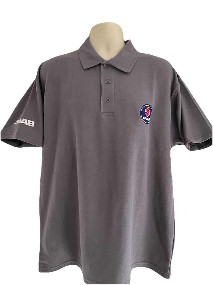 Mens Rich Cotton Polo TShirt SAAB Embroidered Chest Roundel & Sleeve Solid Grey