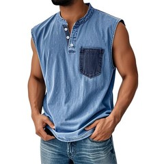 Men Sleeveless Beach Shirts Summer Hawaiian Shirts Casual Button Henley Tank Top