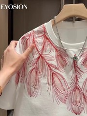 Men Embroidery Peacock Feathers T-Shirt Casual Short Sleeve Crewneck Cotton Tee