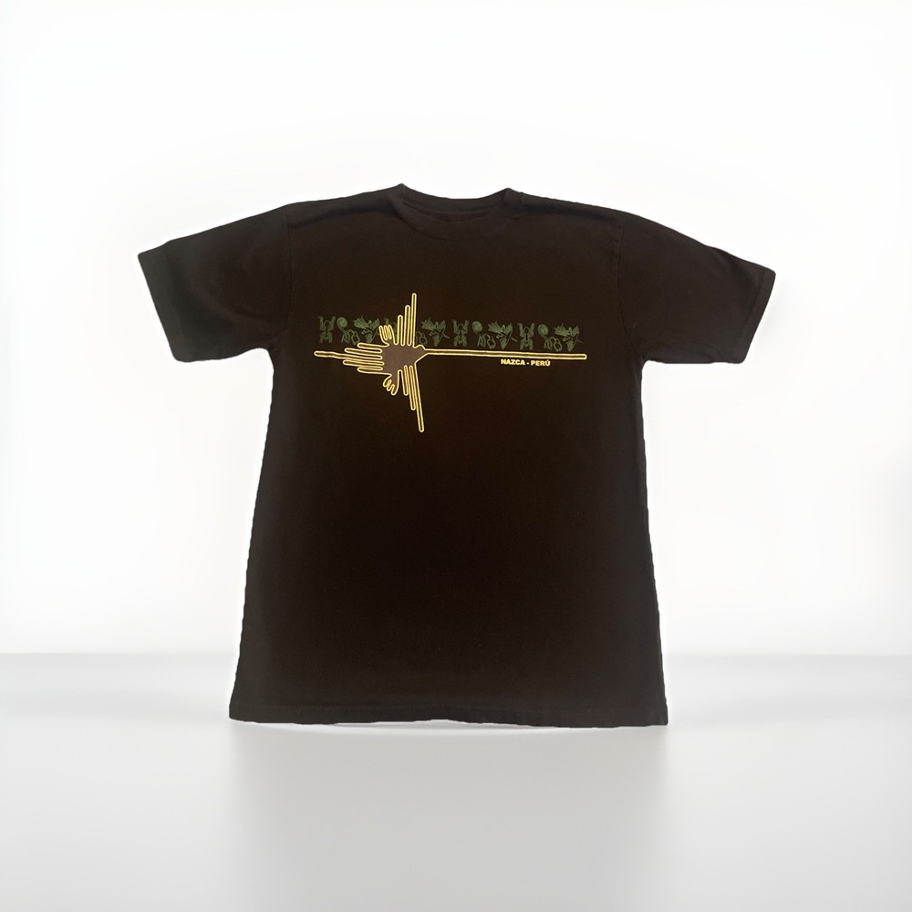 Nazca Peru Lines Graphic T-Shirt Black Hummingbird Geoglyph Souvenir Size M