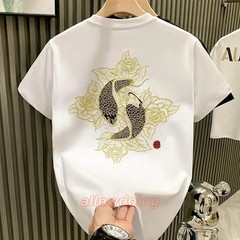 Men’s Luxury Koi Fish Embroidered Cotton T-Shirt Casual Short Sleeve Slim Fit Te