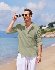 Men’s Cotton Hemp Long Sleeve Casual Beach Henley Shirt(LIGHT GREEN,S)