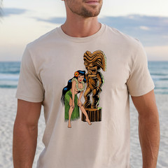 Hula Girl with Tiki Statue T-Shirt | Retro Hawaiian Pinup Tee, Tropical Shirt
