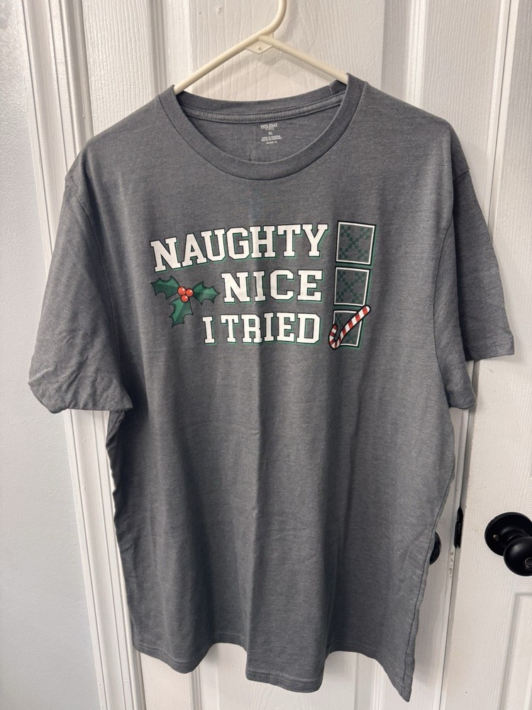 Holiday Time Naughty Nice I Tried Christmas Graphic Tee Men’s XL Gray SS