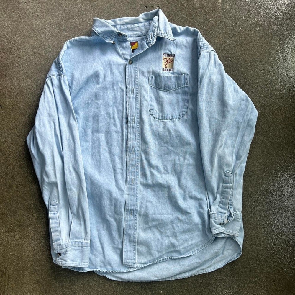 Vintage 90s Pittsburgh Theater Blue Denim Large Button Up Jean Shirt