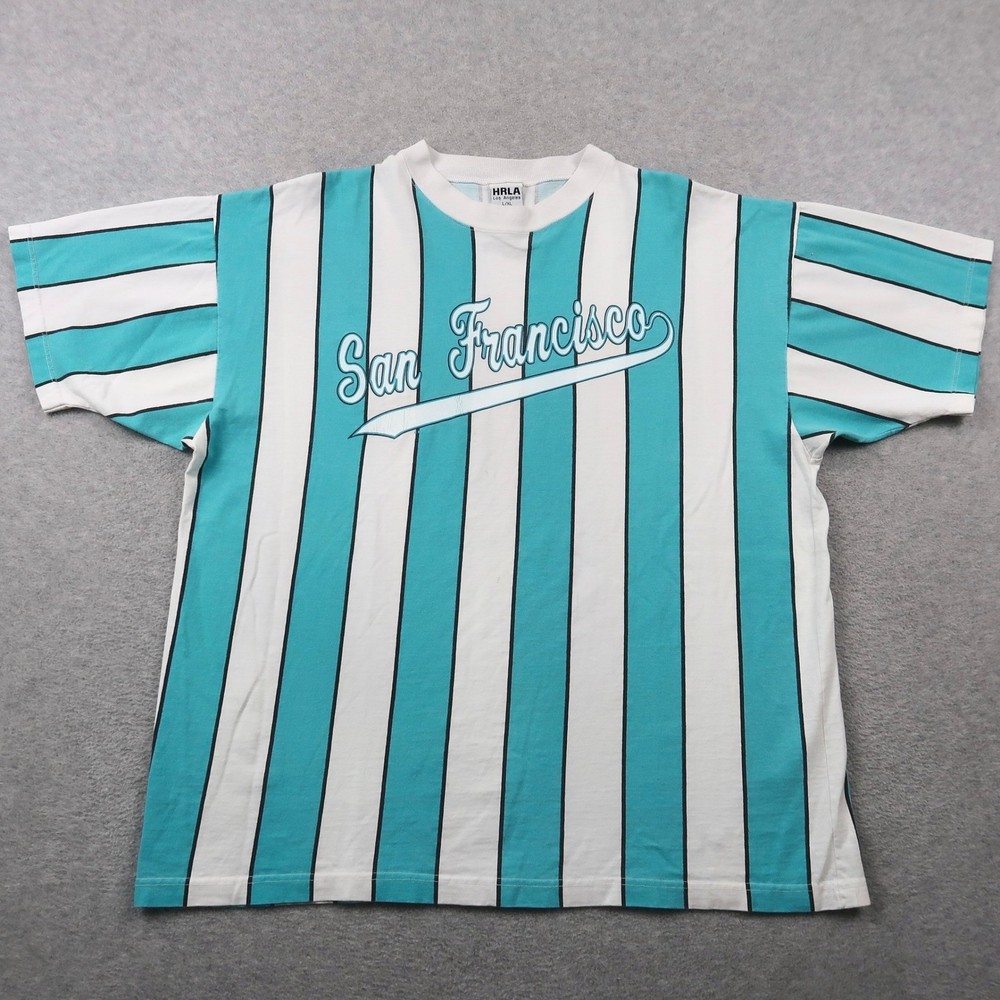 Vintage 90s HRLA San Francisco Striped T-Shirt Mens L/XL Teal White Made in USA