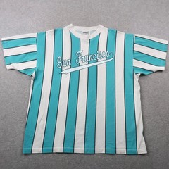 Vintage 90s HRLA San Francisco Striped T-Shirt Mens L/XL Teal White Made in USA