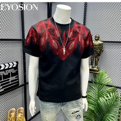Men Embroidery Peacock Feathers T-Shirt Casual Short Sleeve Crewneck Cotton Tee
