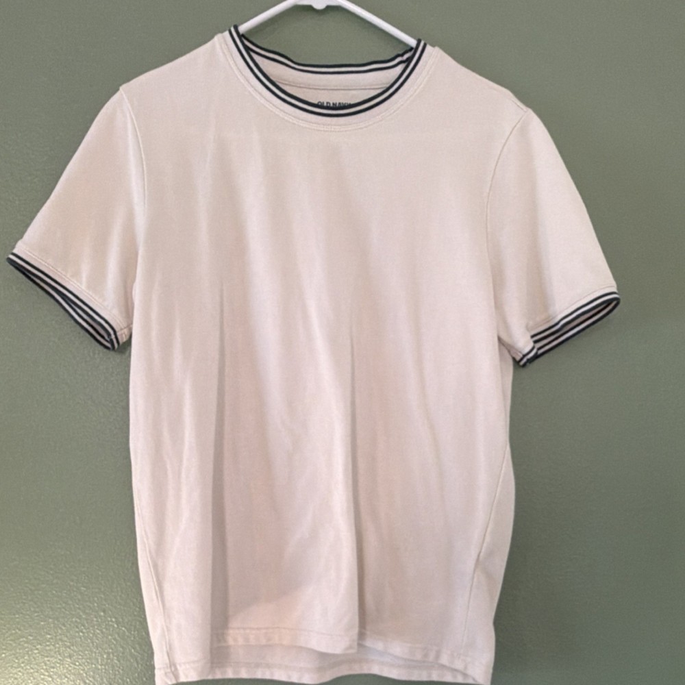 Old Navy Men Contrasting Trim Knit Short Sleeve Crew Neck T-Shirt White Size S