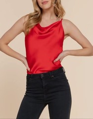 Top Red Satin Blouse With Draped Neck