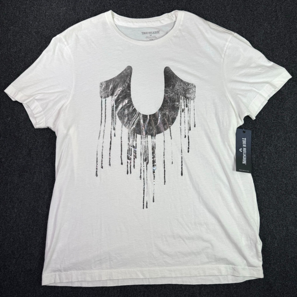 NEW True Religion Mens XL Graphic T-Shirt White Metallic Drippy Horseshoe NWT