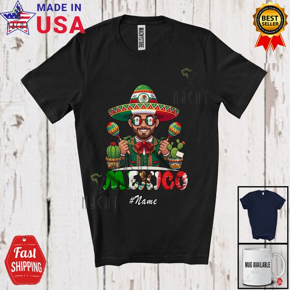 Custom Name Mexico; Independence Day Men Mexican Flag Sunglasses Sombrero Shirt