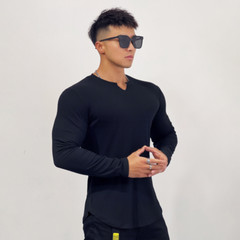 Men’s Sports Tight Fitness Long Sleeve Solid Stripe Stretch Sports T-shirt