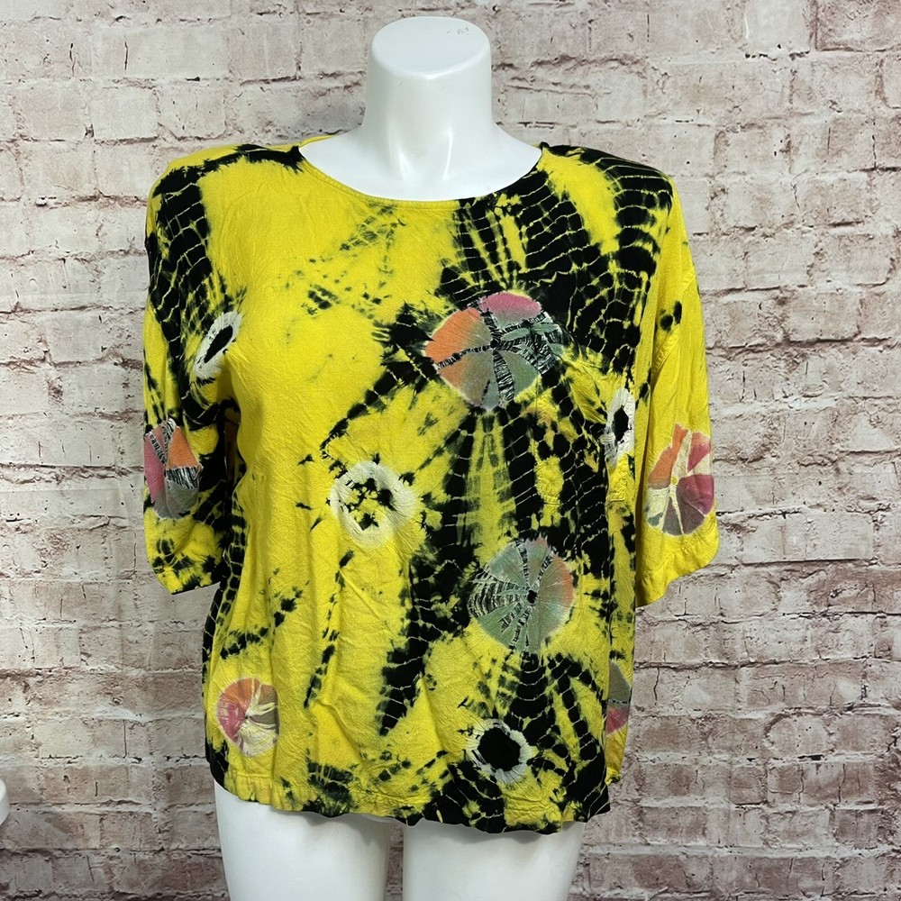Vintage Tiedye shirt Shoulder Pads Yellow India Women Large Blouse