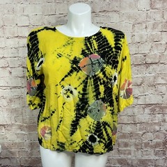 Vintage Tiedye shirt Shoulder Pads Yellow India Women Large Blouse