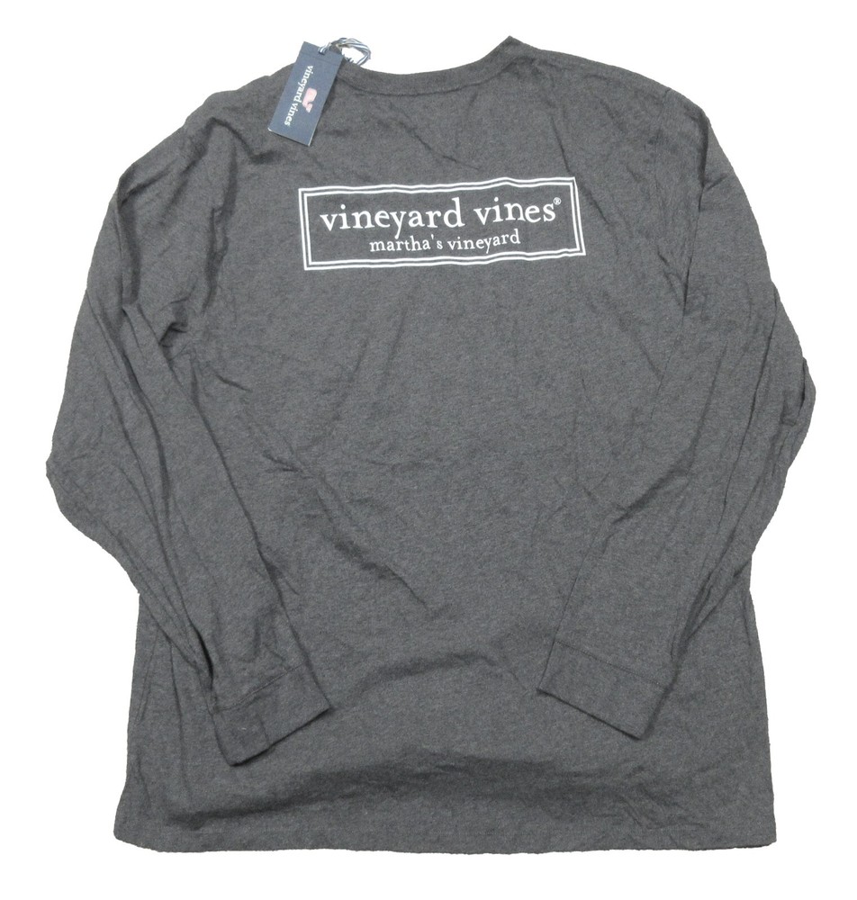 Vineyard Vines Men’s Charcoal Heather Gray Box Logo Graphic L/S Pocket T-Shirt