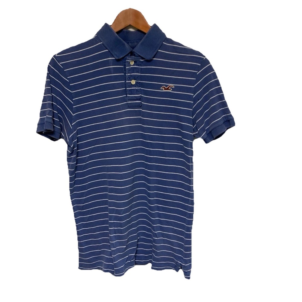 Hollister California Men’s Henley Shirt Medium Blue White Striped Short Sleeve