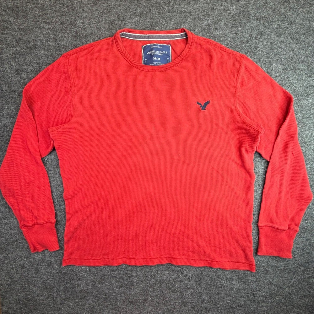 American Eagle Thermal Shirt Mens Medium Red Waffle Knit Long Sleeve Vintage Fit