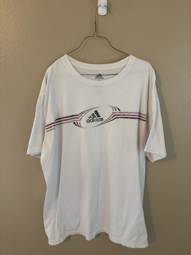 Adidas Graphic Logo TShirt Mens Sz 2XL White Red Gray Striped Oval Print Vintage