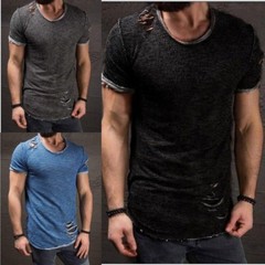 Hot Men’s Slim Fit O Neck Short Sleeve Muscle Tops T-shirt Ripped Casual Blouse