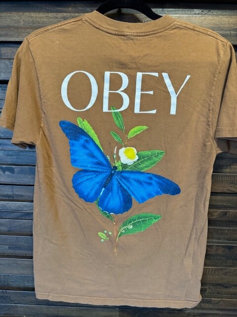 Obey T-Shirt Adult Small Blue Butterfly’s Graphic Tee Brown Quality Dissent EUC