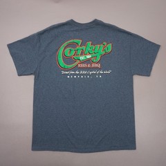 Corky’s Ribs & BBQ Memphis Tennessee T Shirt Mens XL Blue Heather 50/50