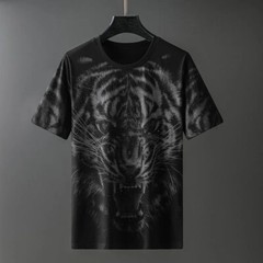 New Fashion Tiger Trend Rhinestones Summer Short Sleeve Luxury Black Men T-Shirt