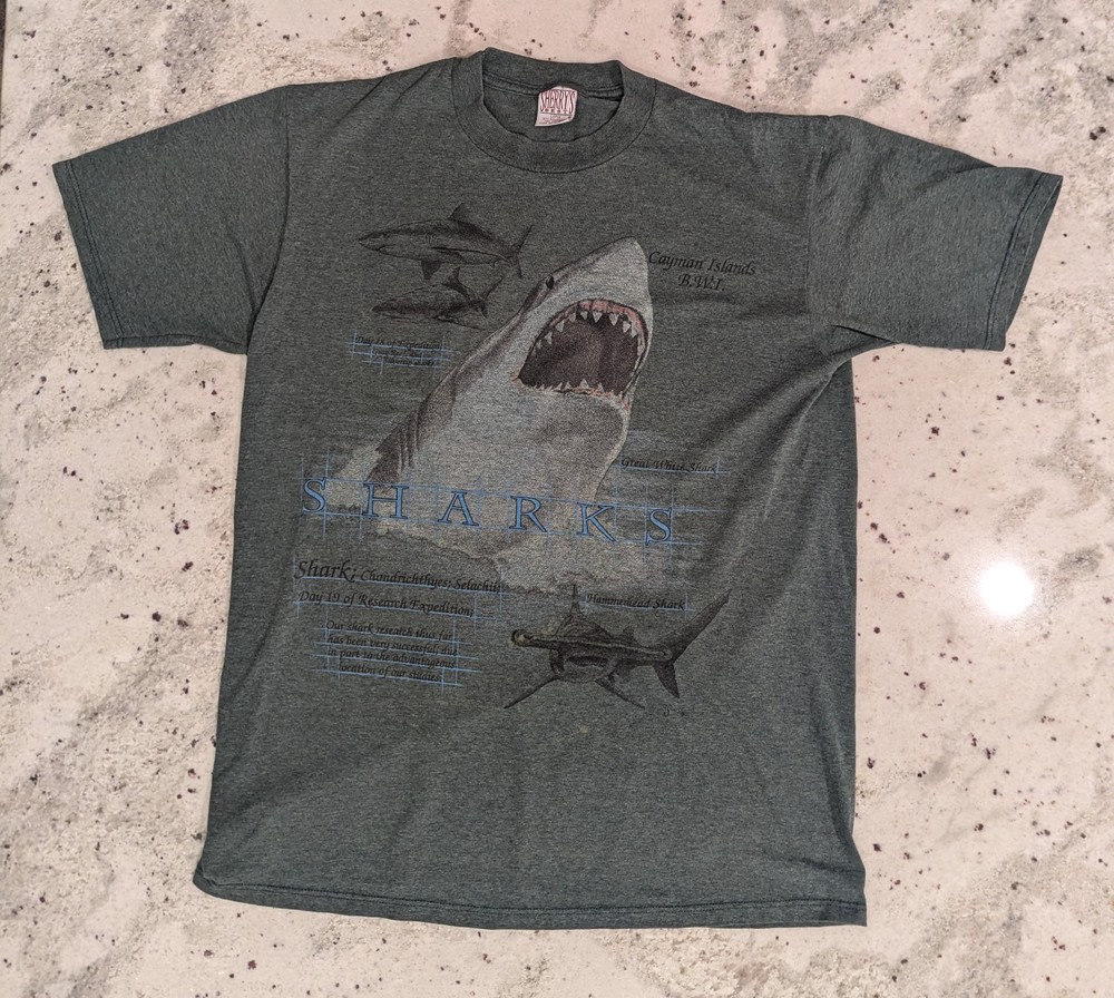 VTG Y2K Made in USA Shark Mens L T-Shirt Hunter Green 90s Animals Nature Ocean