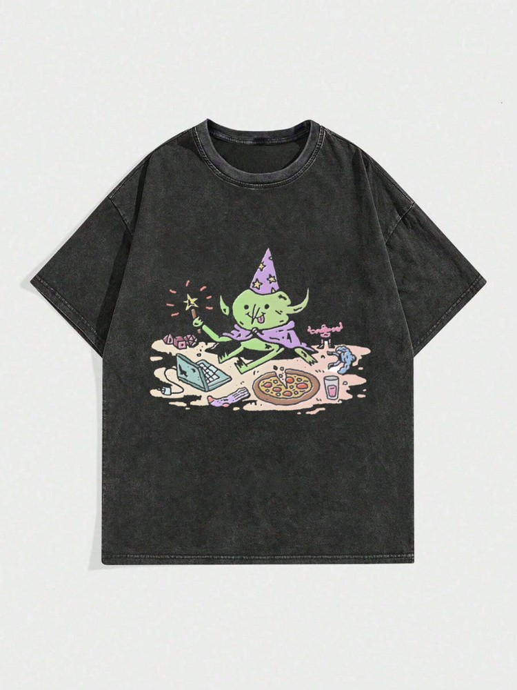 Men’s Vintage Acid Wash Cotton T-Shirt Streetwear Chaos Wizard Graphic Tee