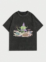Men’s Vintage Acid Wash Cotton T-Shirt Streetwear Chaos Wizard Graphic Tee