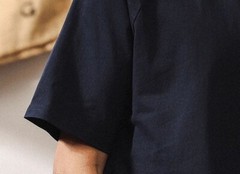 American retro T-shirt men short-sleeved summer Henry collar Navy blue