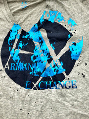 NWT Armani Exchange Heather Gray Blue Foil Graphic V Neck Logo Tee T Shirt Sz L